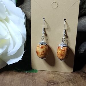 Hand Crafted Boho Wooden Orange Pattered Dangle Earrings